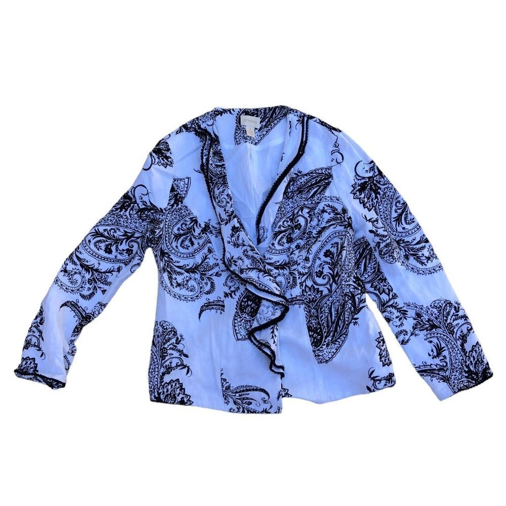 CHICO'S Linen Embroidered Jacket Women's 1 White Black Long Sleeve Open Ruffle‍